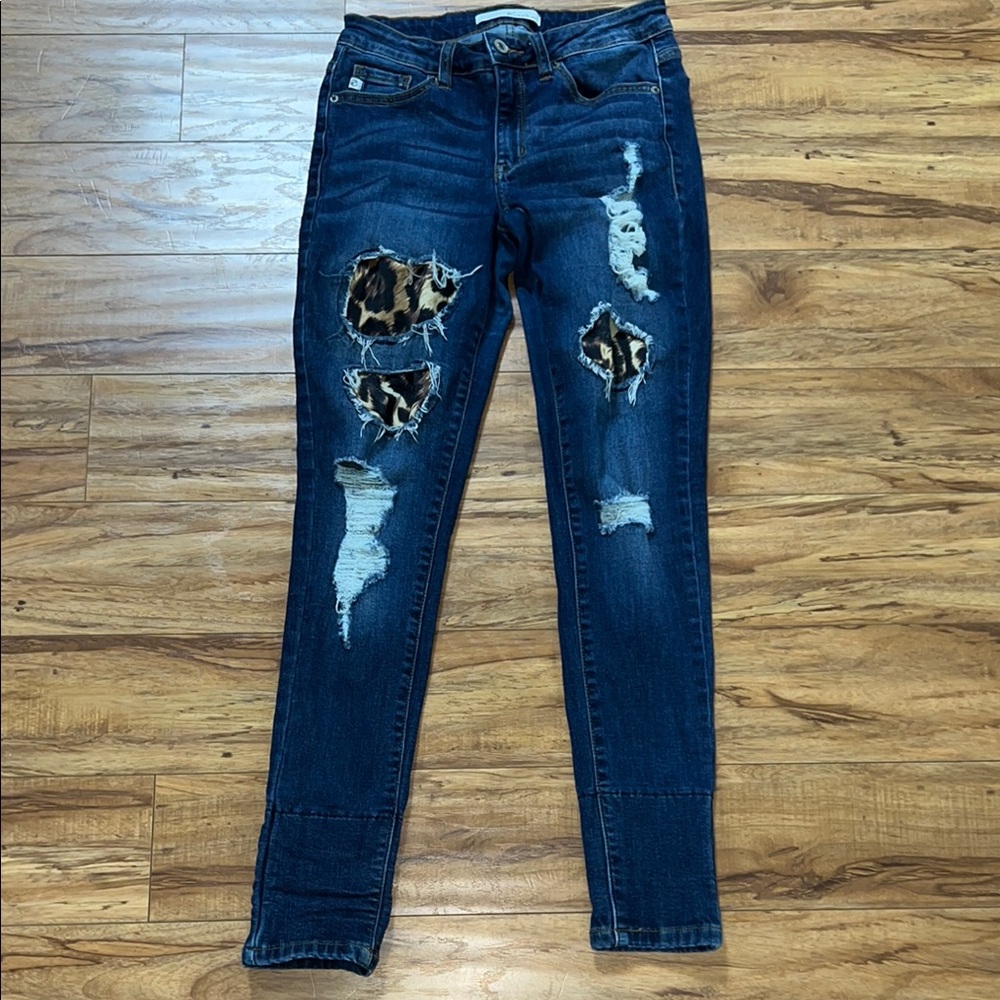 KanCan Dark Blue Skinny Jeans with Leopard Patch Distressing